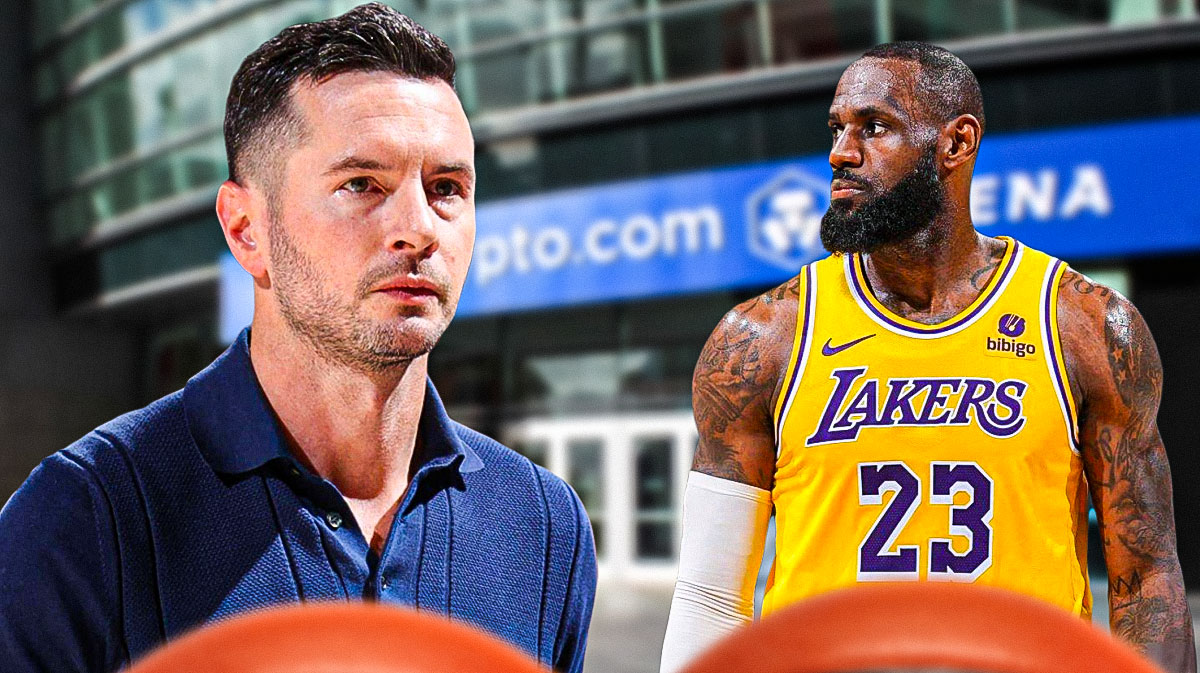 Los Angeles Lakers head coach JJ Redick with Lakers forward LeBron James looking at him with a background of the inside of Crypto.com arena.
