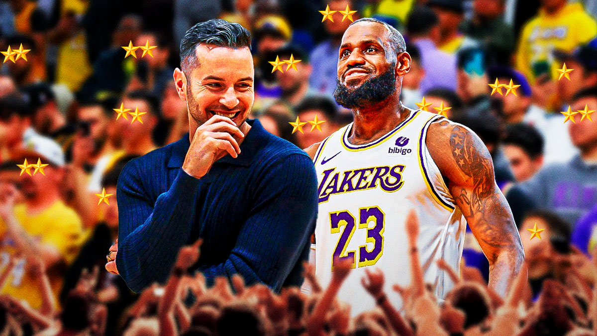 JJ Redick and LeBron James on one side, a bunch of Los Angeles Lakers fans on the other side with stars in their eyes