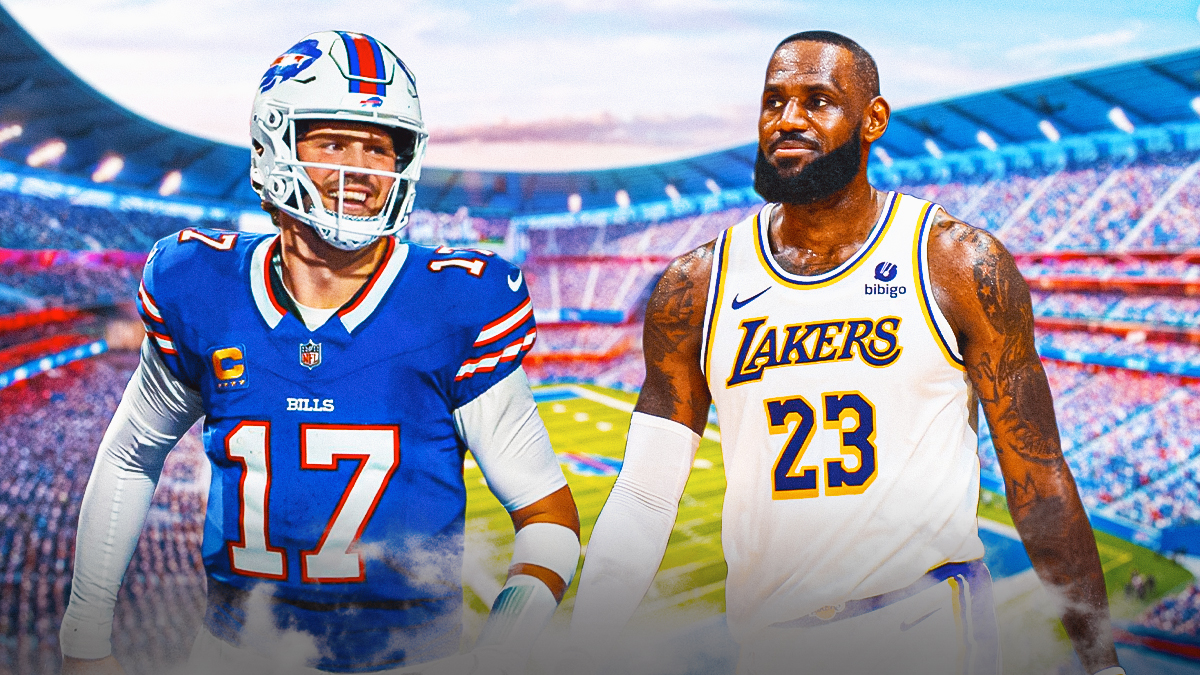Bills, Josh Allen, LeBron James, Jaguars, Bills Jaguars, Josh Allen and LeBron James with Bills stadium in the background