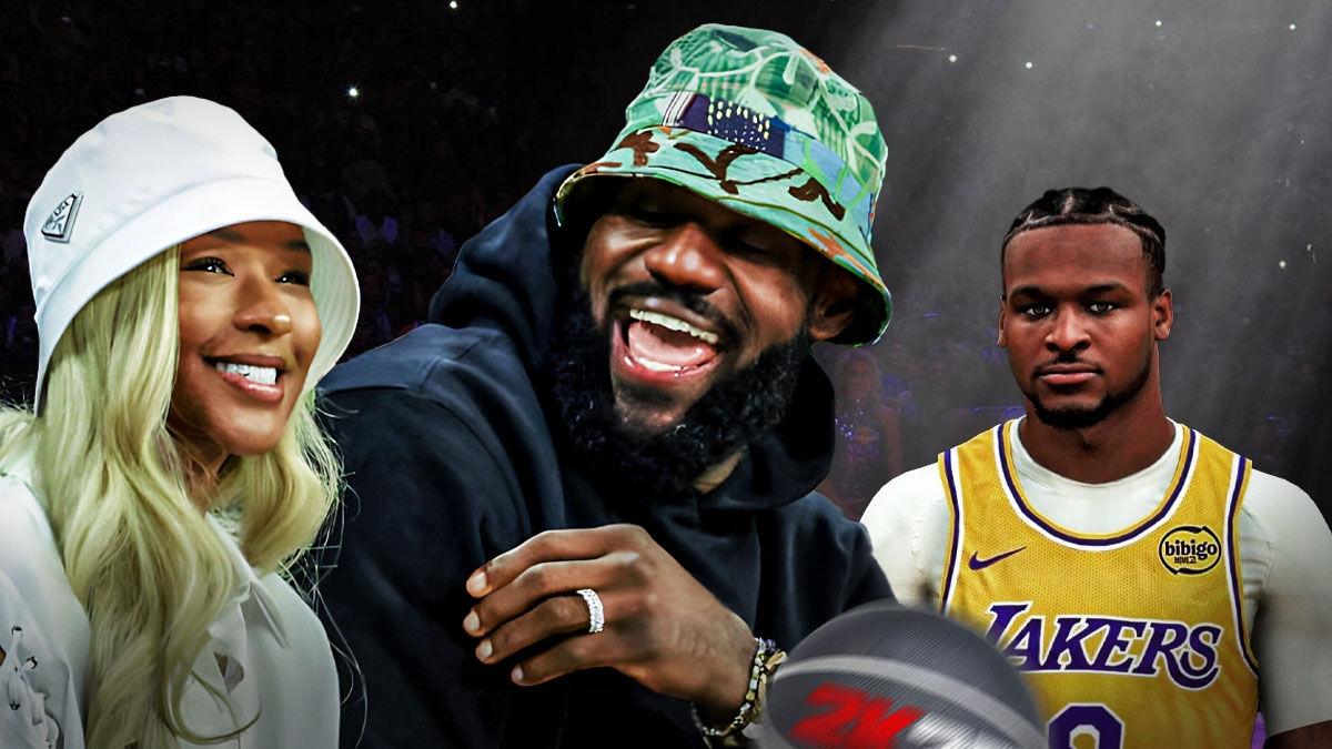 Savannah and LeBron James smiling looking at NBA 2K25 version of Bronny James
