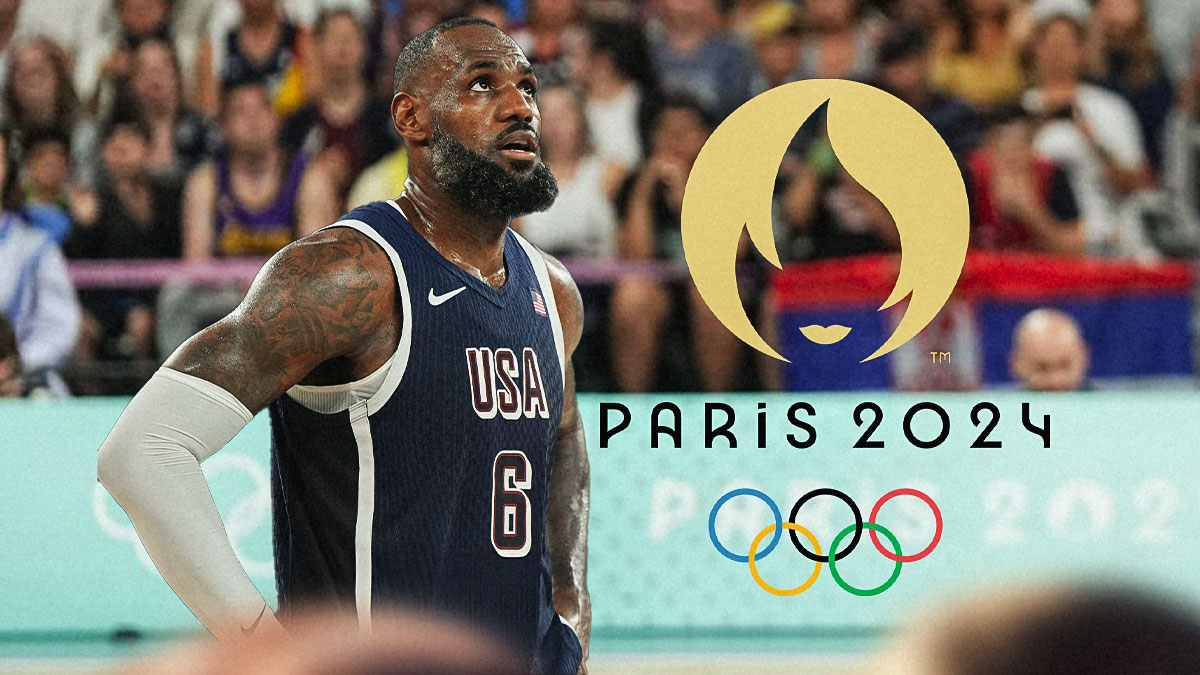 LeBron James in his Team USA basketball jersey with the Olympics logo in the background, Lakers