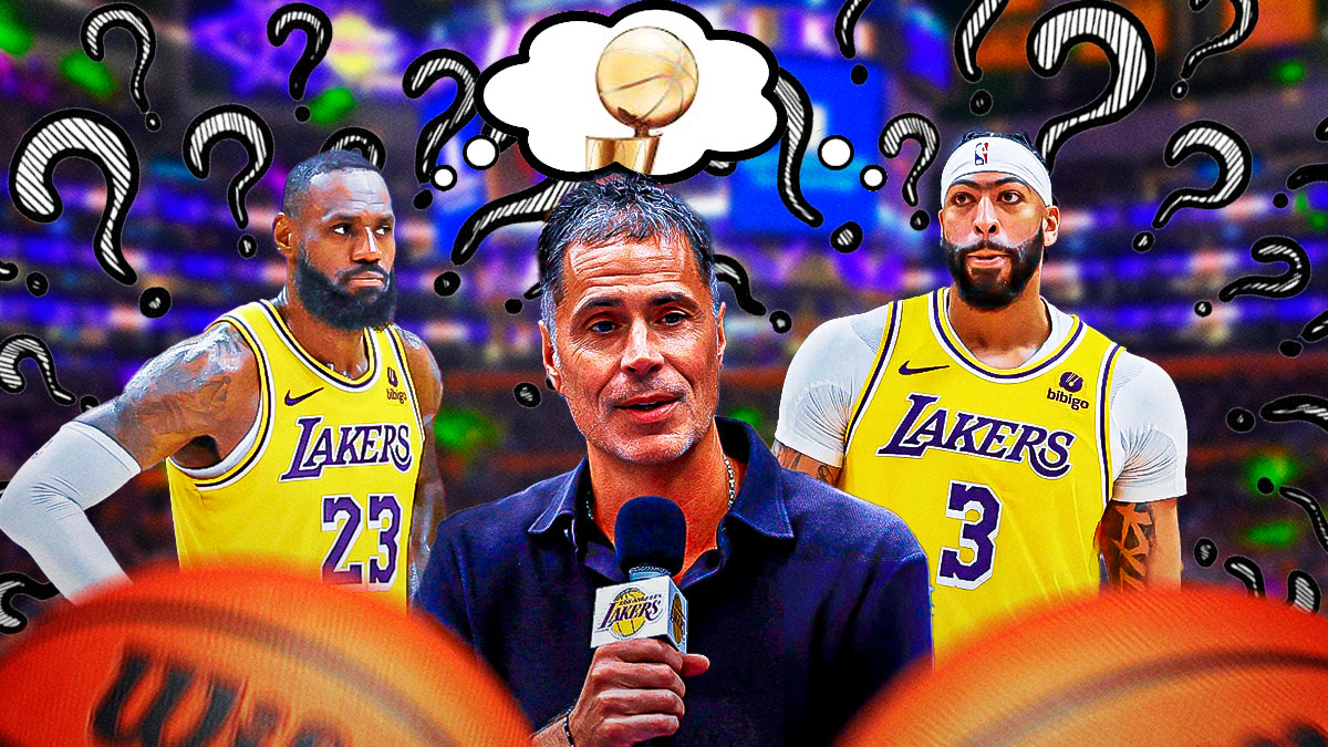 Lakers' Rob Pelinka, LeBron James, and Anthony Davis with a shared thought bubble containing image of Larry O'Brien trophy. question marks all over