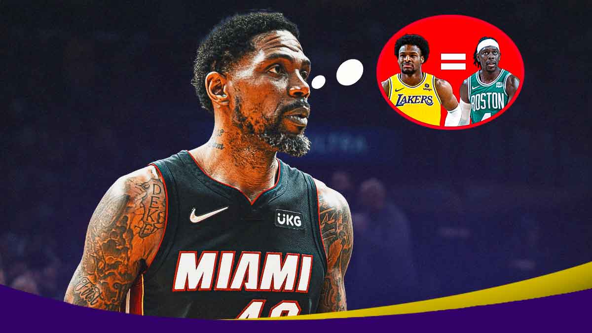 Udonis Haslem with a thought bubble that has a picture of Los Angeles Lakers guard Bronny James, next to it is an equal sign, and after the equal sign is a photo of Boston Celtics guard Jrue Holiday.