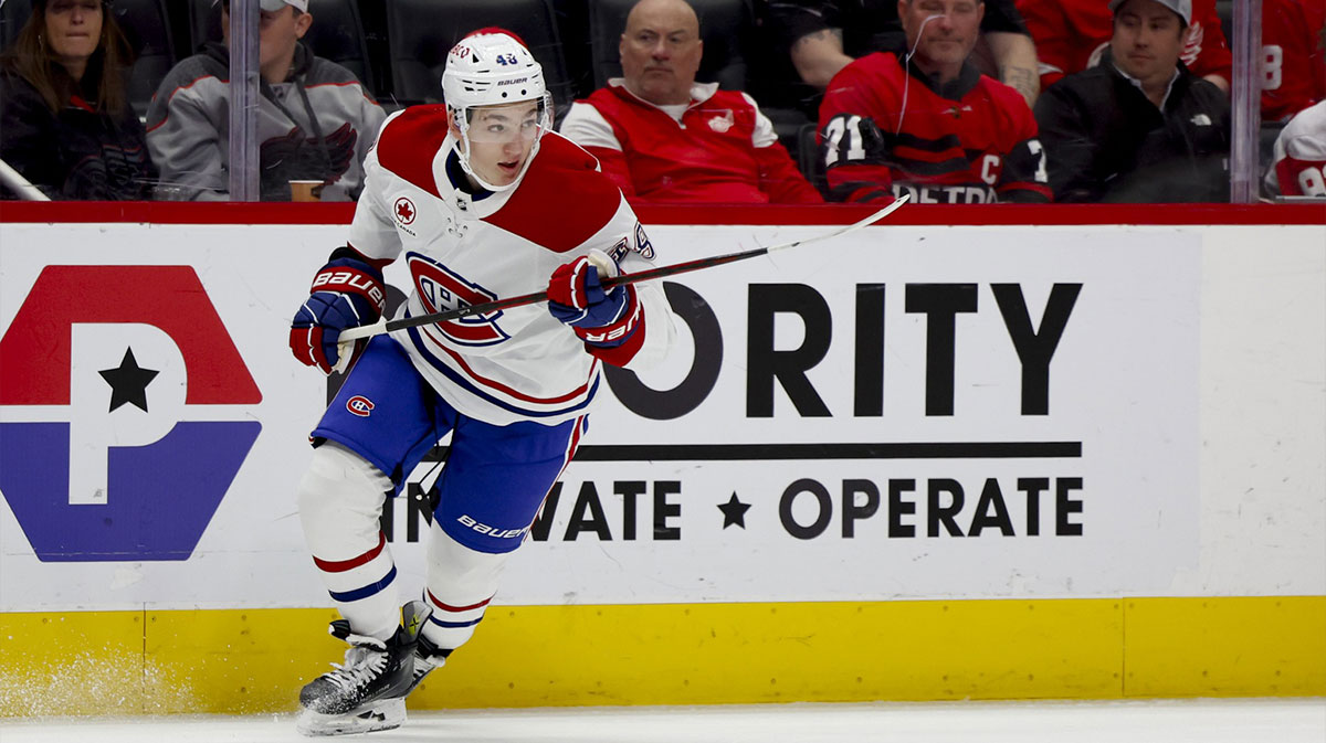 Montreal Canadiens defenseman Lane Hutson (48) skates in the first period against the Detroit Red Wings at Little Caesars Arena.