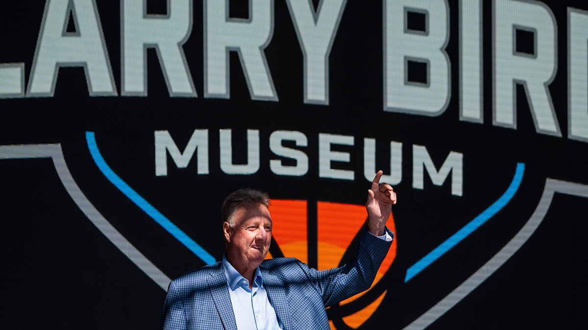 Larry Bird waves at the crowd gathered Thursday, May 30, 2024, for the grand opening ceremony of the Larry Bird Museum in Terre Haute, Indiana.