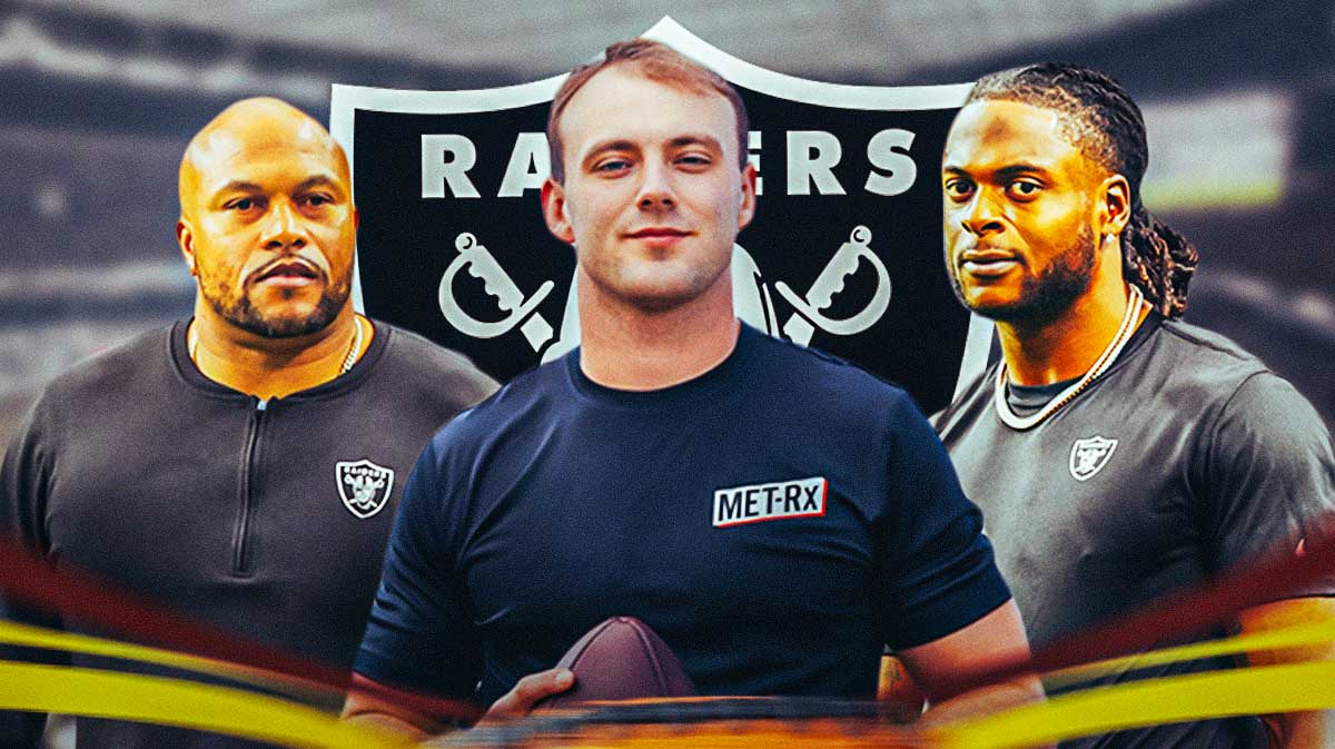 Las Vegas Raiders head coach Antonio Pierce with tight end Brock Bowers and wide receiver Davante Adams. There is also a logo for the Las Vegas Raiders.