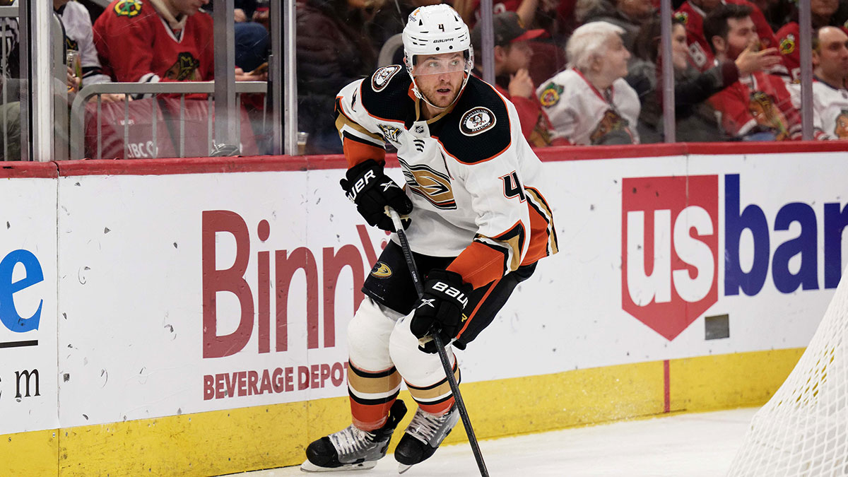 Anaheim Ducks defenseman Cam Fowler (4) skates against the Chicago Blackhawks at United Center.