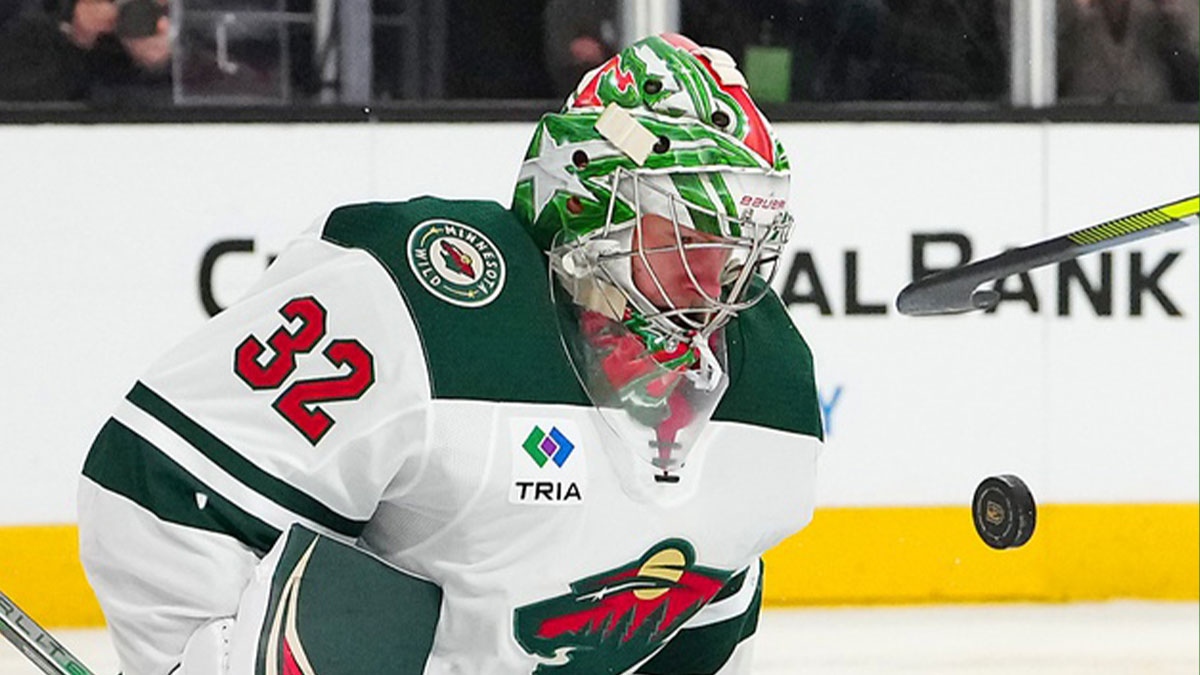 Minnesota Wild goaltender Filip Gustavsson (32) makes a save against the Vegas Golden Knights during the third period at T-Mobile Arena.