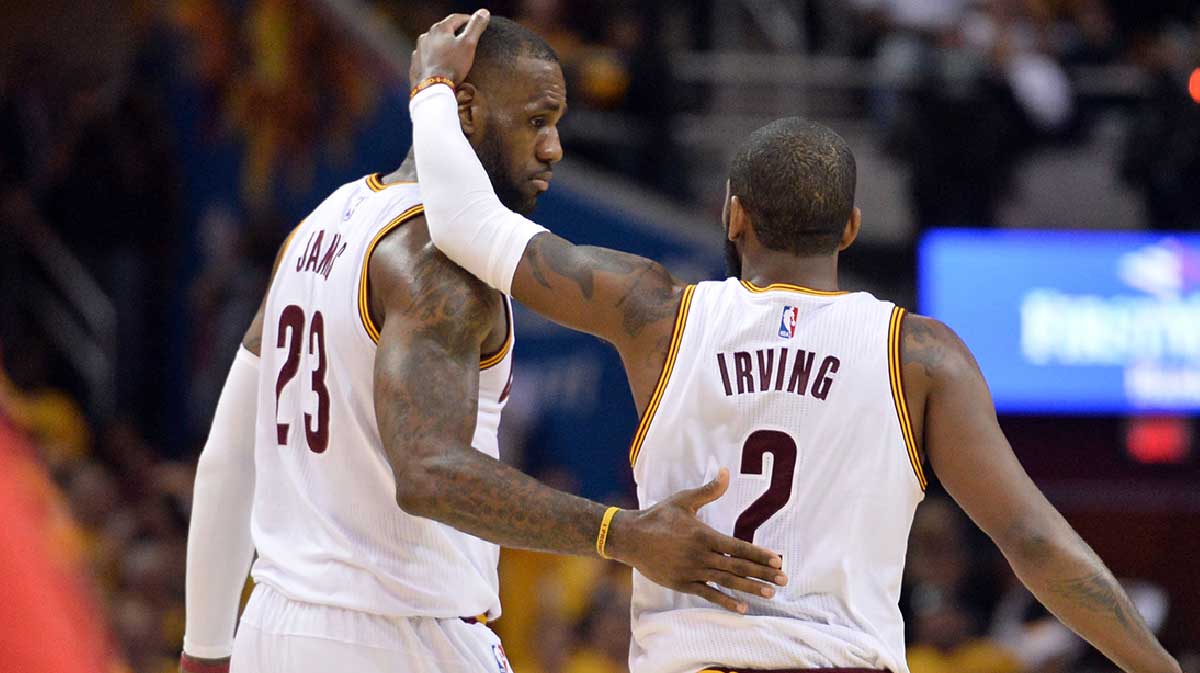 Cleveland Cavaliers forward LeBron James (23) and guard Kyrie Irving (2) celebrate during the second quarter in game two of the Eastern conference finals of the NBA Playoffs at Quicken Loans Arena.