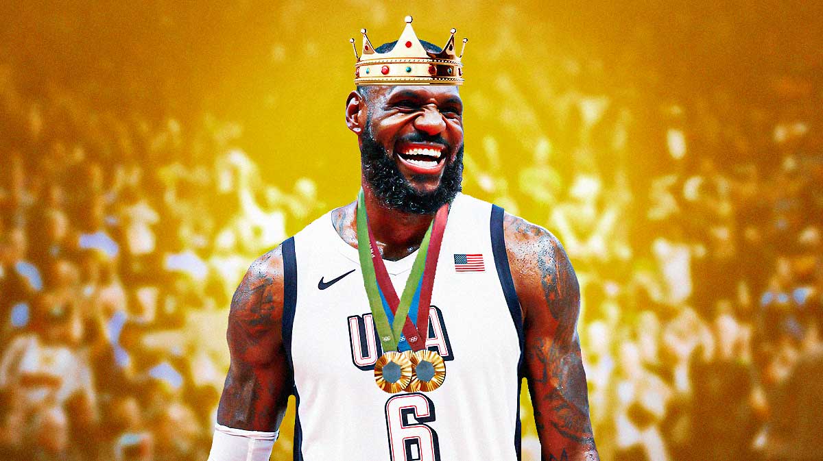 LeBron James wearing a crown with multiple gold medals around his neck featuring a Lakers-themed bg.