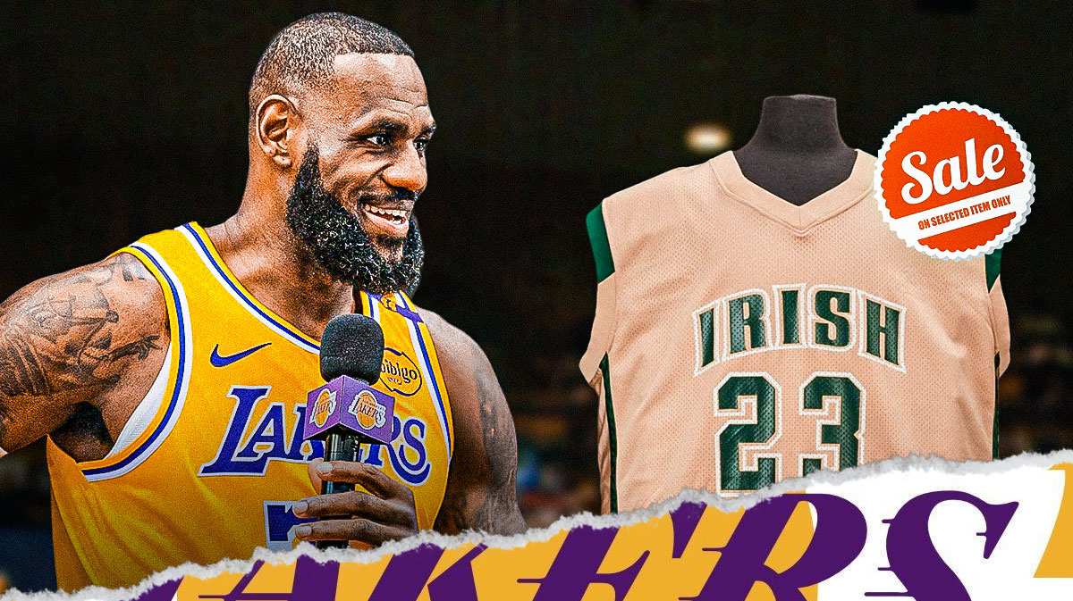 Lakers star LeBron james looking at his high school jersey.