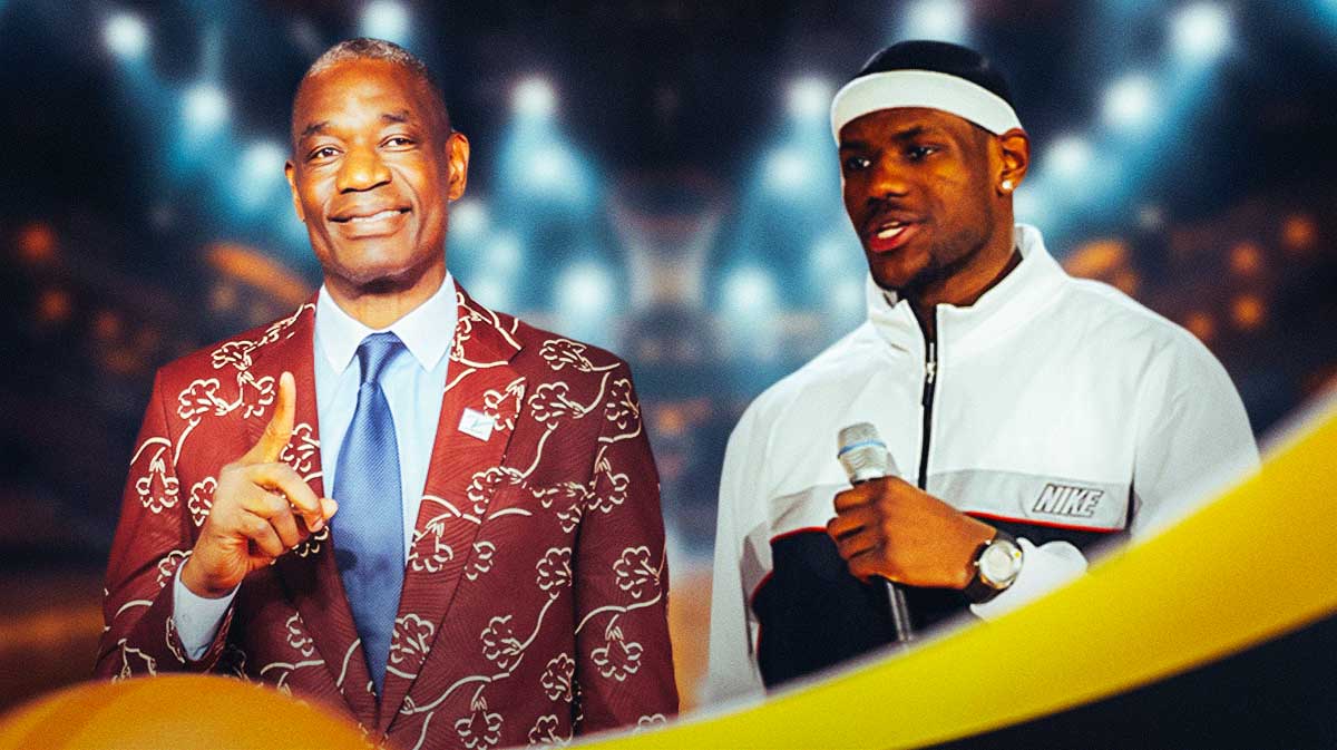 A young LeBron James next to a finger waving Dikembe Mutombo in uniform