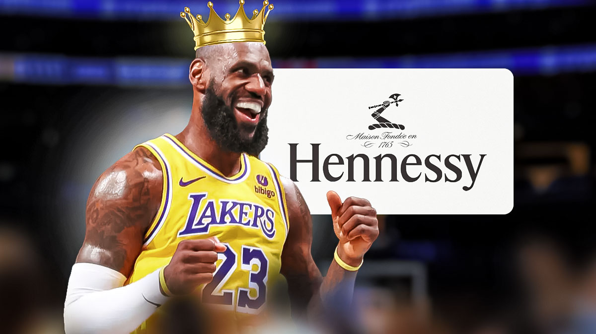 Lakers superstar LeBron James with a king's crown on his head next to the Hennessy logo