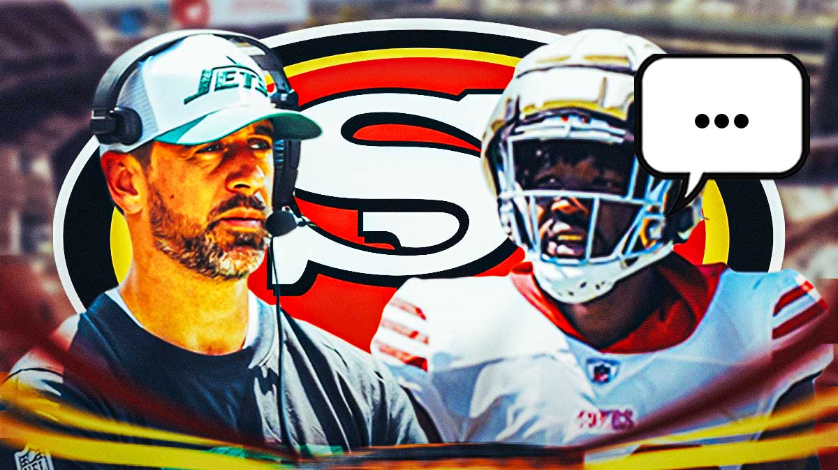 San Francisco 49ers defensive end Leonard Floyd next to New York Jets QB Aaron Rodgers. Floyd has a speech bubble with the three dots emoji inside. There is also a logo for the San Francisco 49ers.