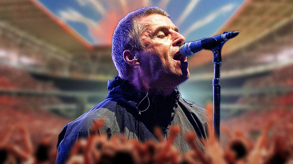 Oasis singer Liam Gallagher with Wembley Stadium background.