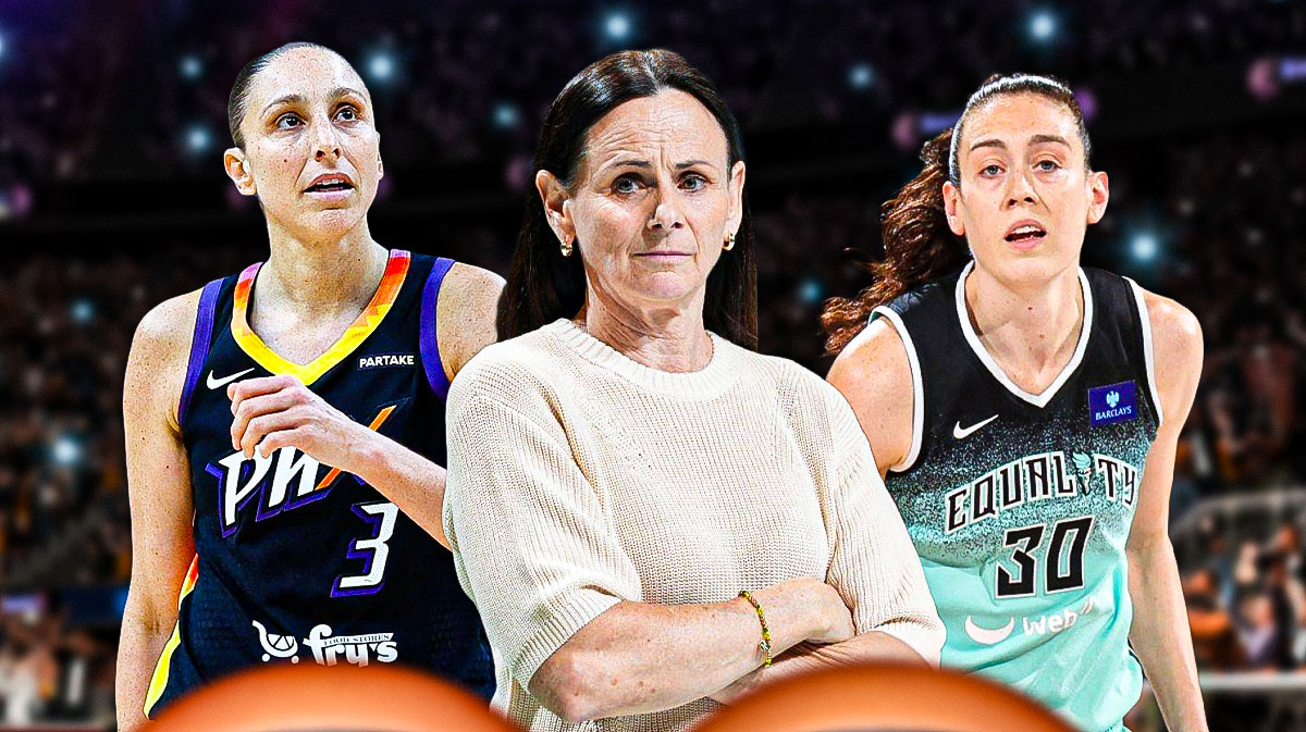 Sandy Brondello in the middle. Diana Taurasi (Mercury) on the left. Breanna Stewart (Liberty) action shot from this season on the right. Barclays Center interior background.