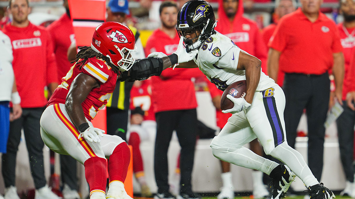 Kansas City Chiefs player Nick Bolton and Baltimore Ravens player Isaiah Likely