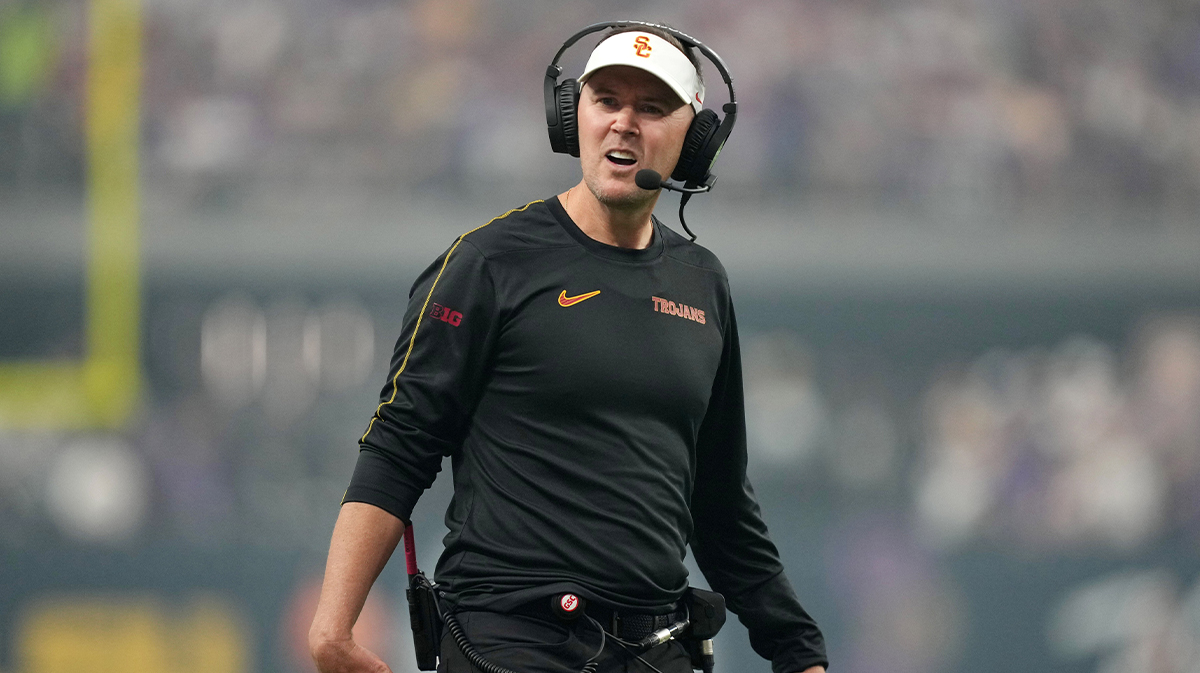 Southern California Trojans head coach Lincoln Riley reacts in the first half against the LSU Tigers at Allegiant Stadium.