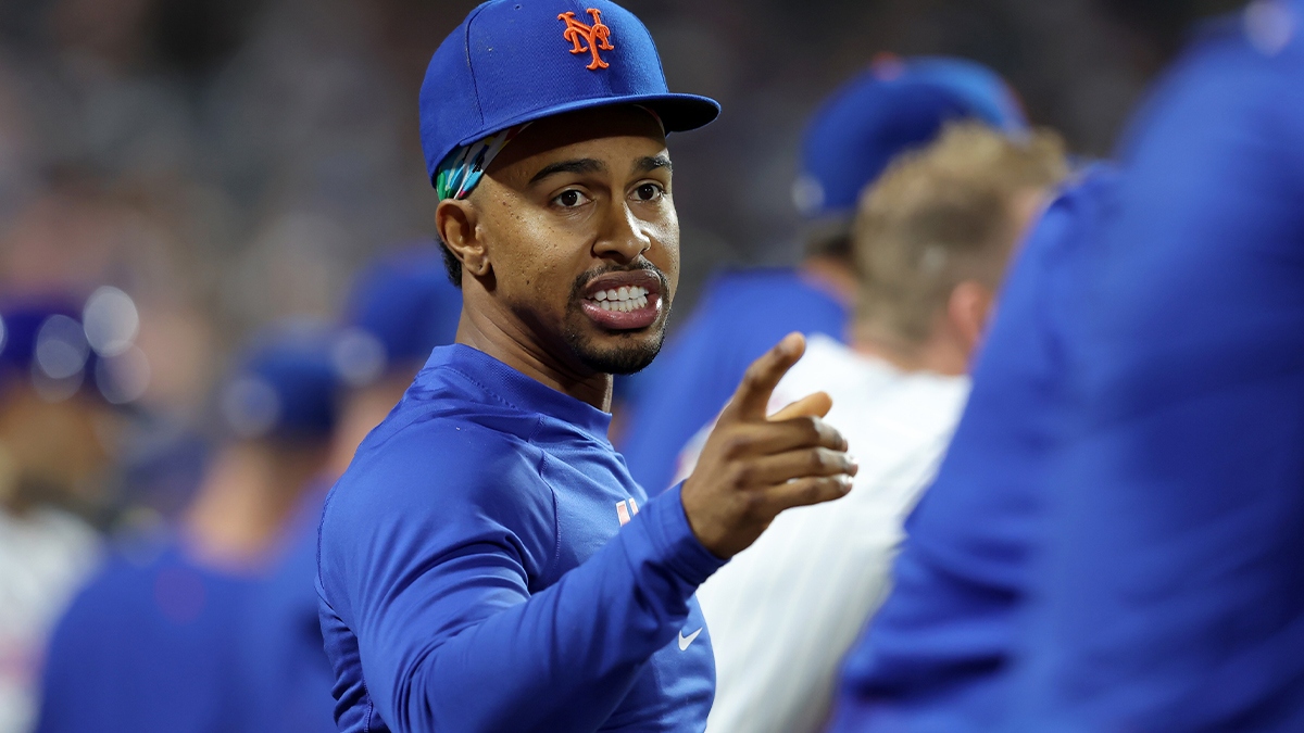 New York Mets shortstop Francisco Lindor (12) talks to teammates in the dugout during the fifth inning against the Washington Nationals at Citi Field.