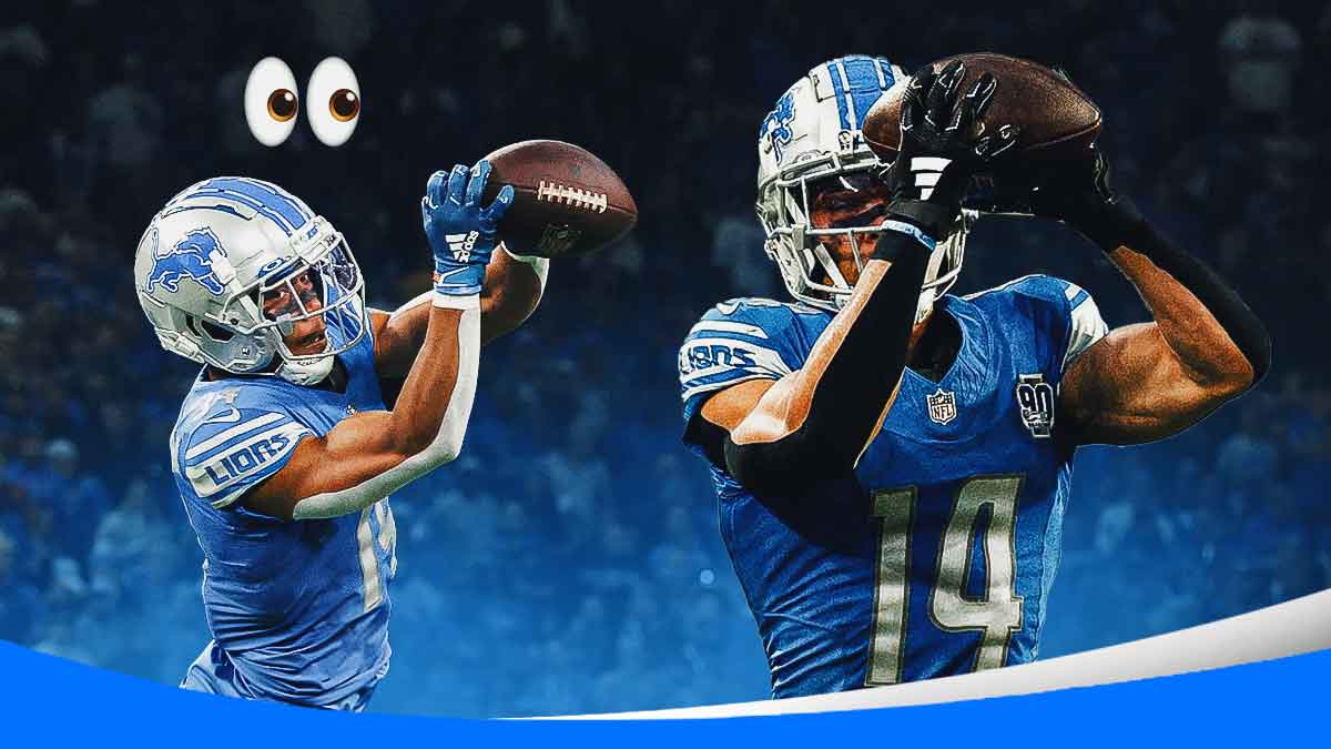 Two images of Lions Amon-Ra St. Brown catching a pass