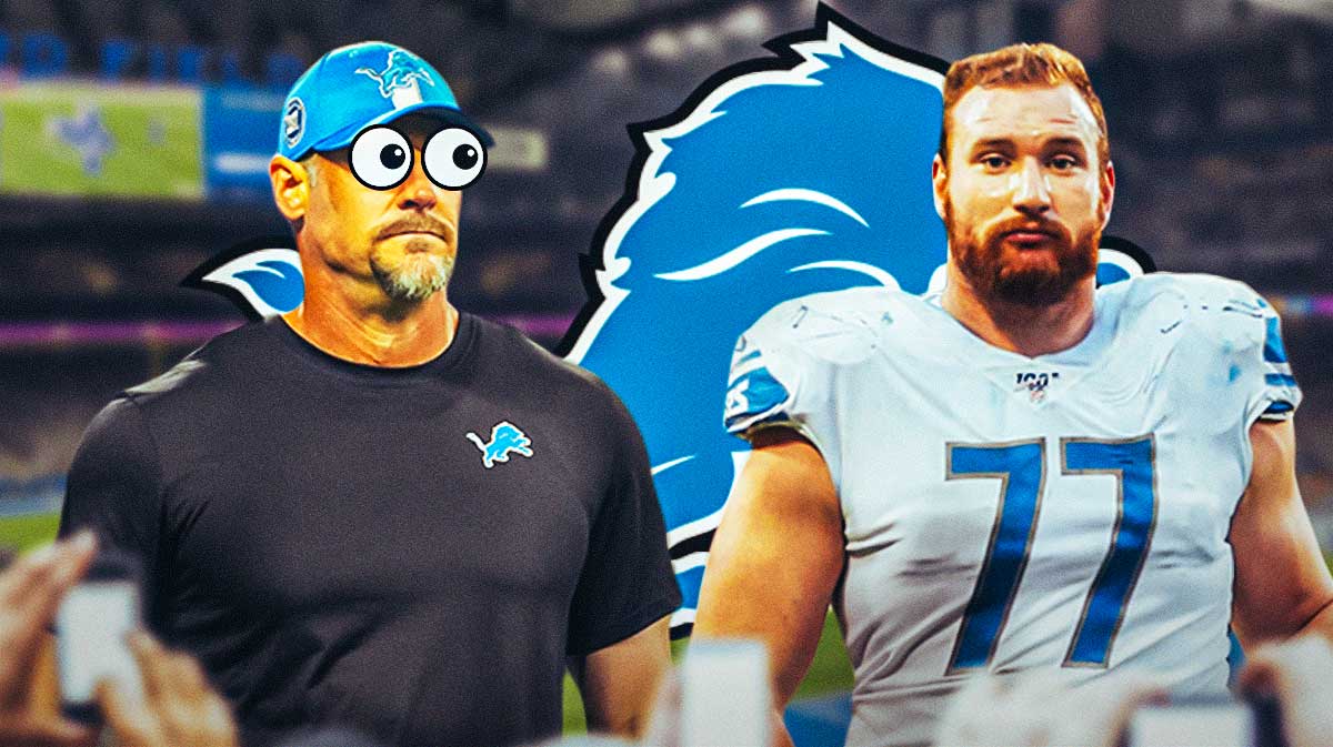 Lions' Dan Campbell with emoji eyes looking at Frank Ragnow