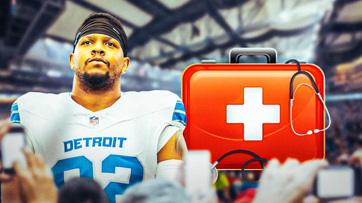 Lions pass-rusher Marcus Davenport with medical kit next to him