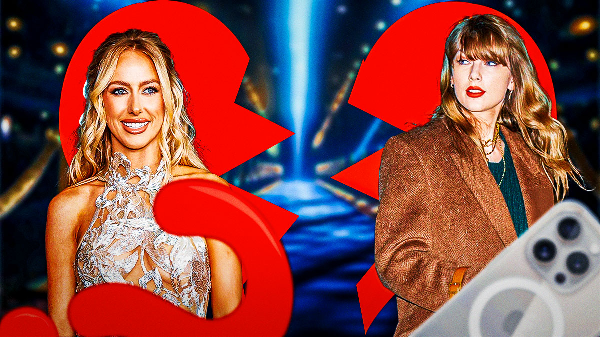 Taylor Swift and Brittany Mahomes on torn sides of a heart, glaring at each other