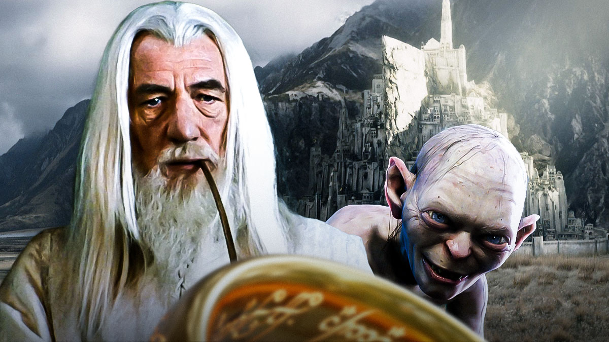 Gandalf (Sir Ian McKellen) and Gollum (Andy Serkis) with Middle-Earth background from the Lord of the Rings movies.