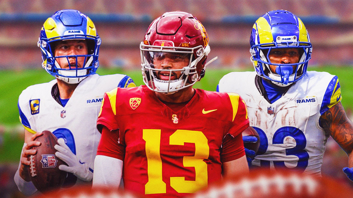 Kyren Williams, Matthew Stafford, and USC Caleb Williams in front of Soldier Stadium