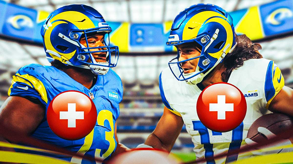 Steve Avila with a red medical cross on his uniform and Puka Nacua with a red medical cross on his uniform in front of the Lions stadium.