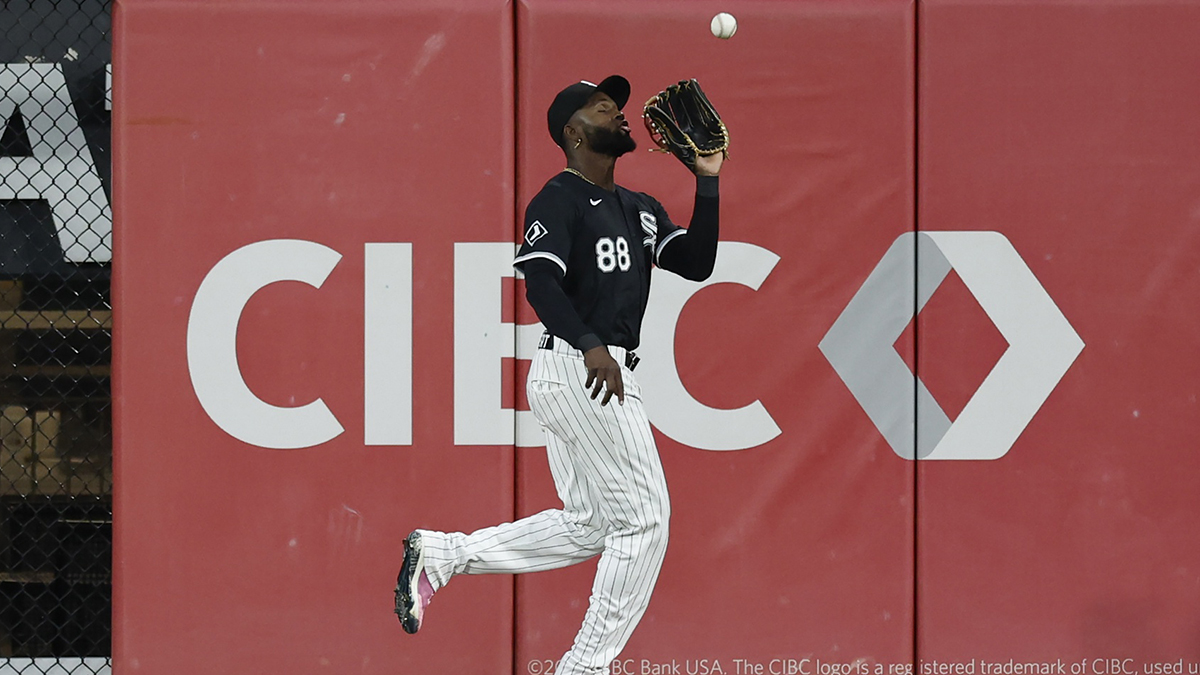 Chicago White Sox outfielder Luis Robert Jr. (88) catches a fly ball hit by Texas Rangers third baseman Josh Jung (6) during the first inning of game two of the doubleheader at Guaranteed Rate Field.