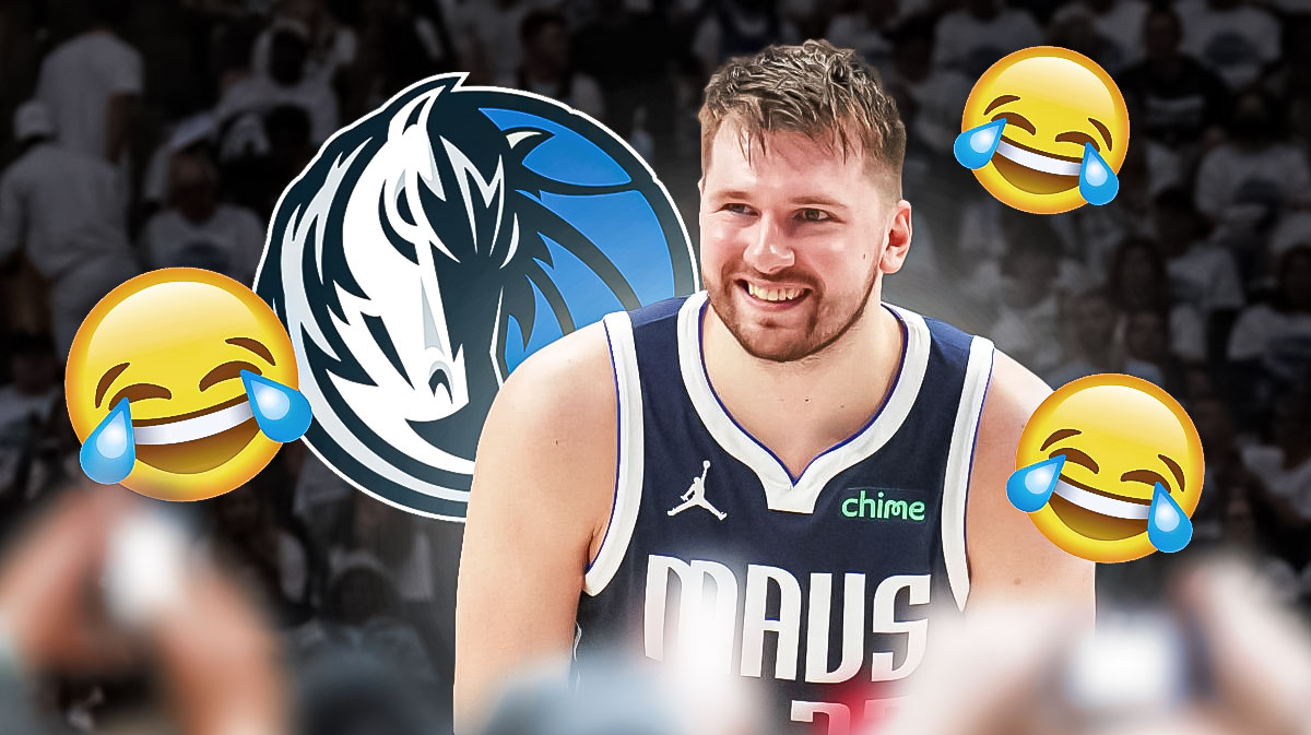 Mavericks Luka Doncic laughing emojis all around him with a Mavericks logo