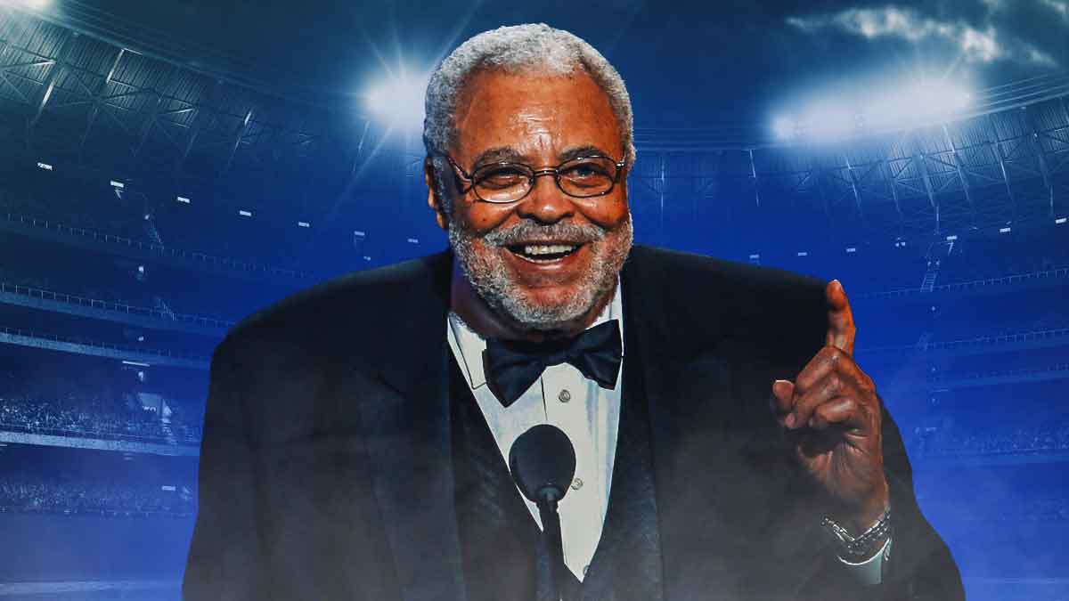 James Earl Jones with a baseball field as the background.