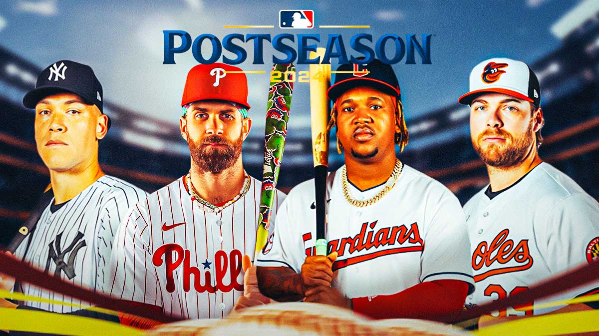 2024 MLB postseason logo at the top (attached) - New York Yankees player Aaron Judge, Philadelphia Phillies Bryce Harper, Cleveland Guardians Jose Ramirez, Baltimore Orioles Corbin Burnes