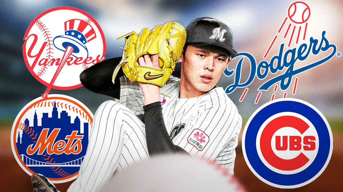 Roki Sasaki with Yankees, Mets, Dodgers, and Cubs logos behind him