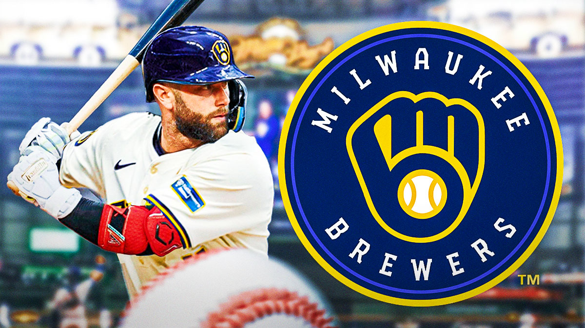 Christian Walker in a Brewers jersey next to a Brewers logo