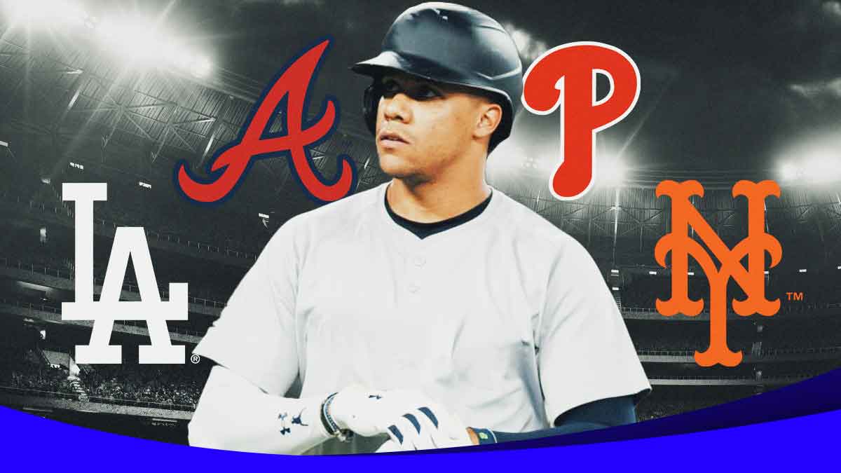 Yankees' Juan Soto in a blank uniform, with Dodgers, Mets, Braves, and Phillies logos beside Soto