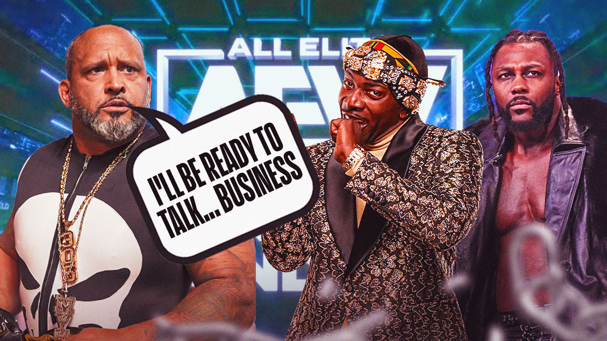 MVP with a text bubble reading "I'll be ready to talk... Business" next to Prince Nana and Swerve Strickland with the AEW Grand Slam logo as the background.