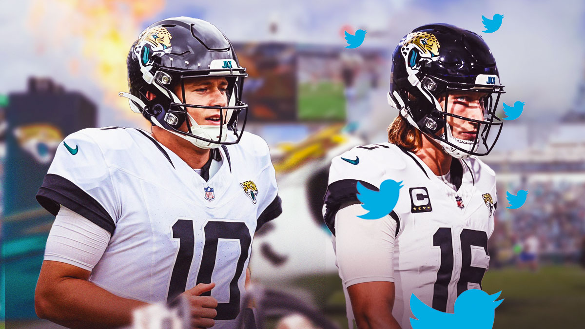 Mac Jones (Jaguars) and Trevor Lawrence surrounded by Twitter birds
