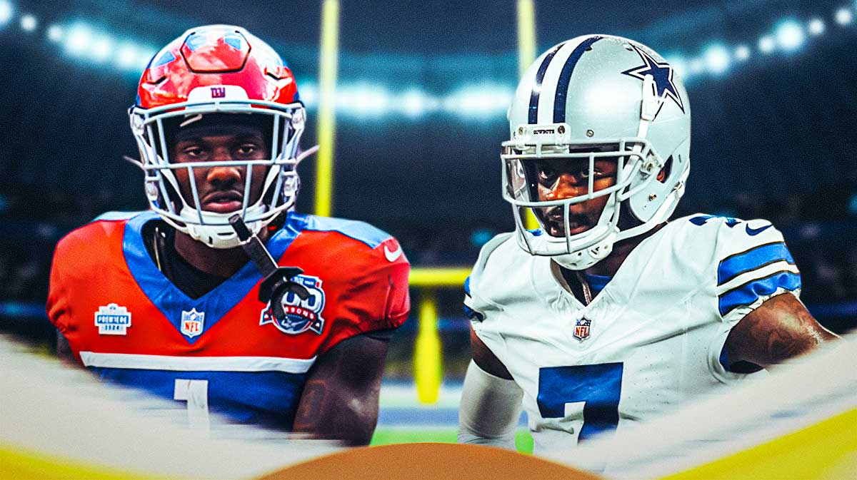 Malik Nabers in a New York Giants uniform talking trash and Trevon Diggs in a Dallas Cowboys uniform also talking trash as the two have gone back and forth but the Giants play the Cowboys in Week Four as Malik Nabers is the frontrunner for Rookie of the Year.
