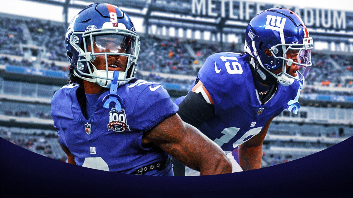 New York Giants stars Malik Nabers and Isaiah Simmons in front of MetLife Stadium.