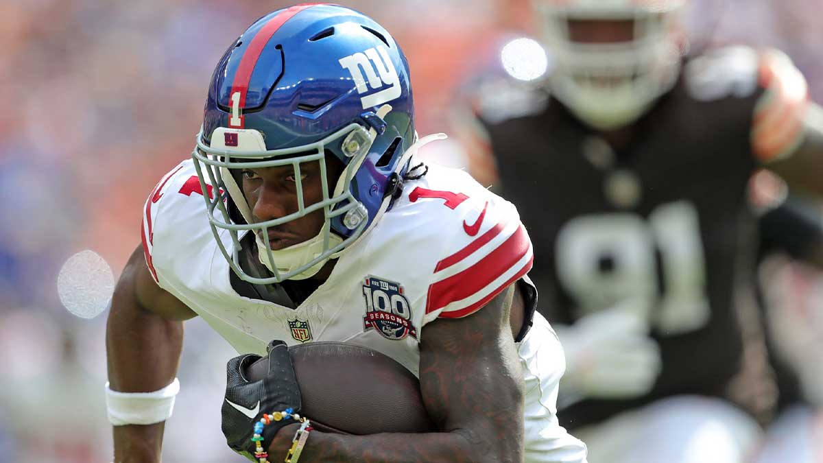 New York Giants wide receiver Malik Nabers (1) runs for yards after a catch during the first half of an NFL football game at Huntington Bank Field, Sunday, Sept. 22, 2024, in Cleveland, Ohio