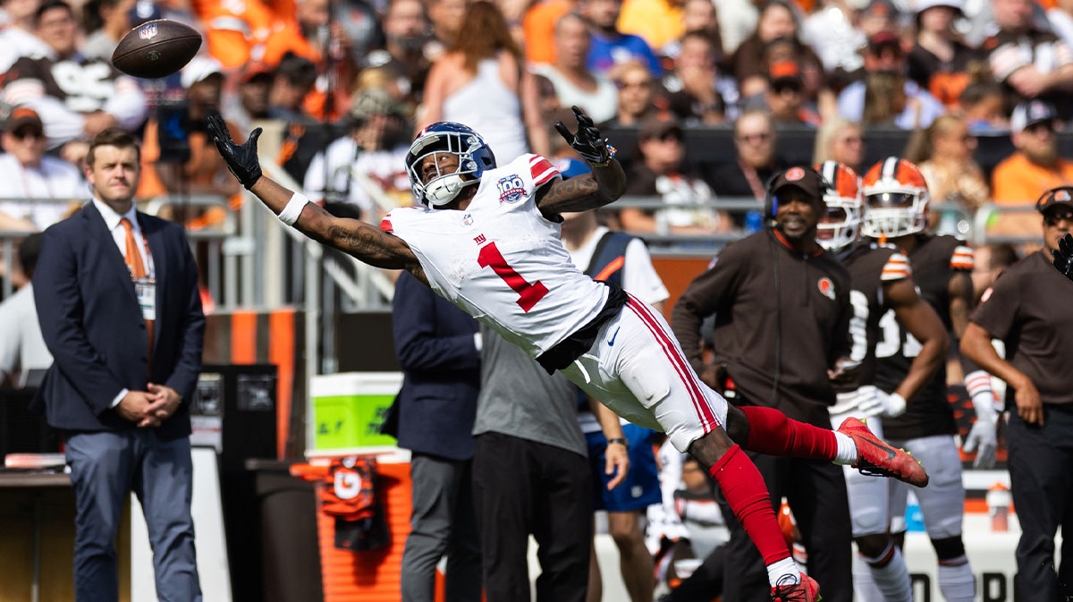 New York Giants wide receiver Malik Nabers (1) reaches for the ball during the third quarter against the Cleveland Browns at Huntington Bank Field.