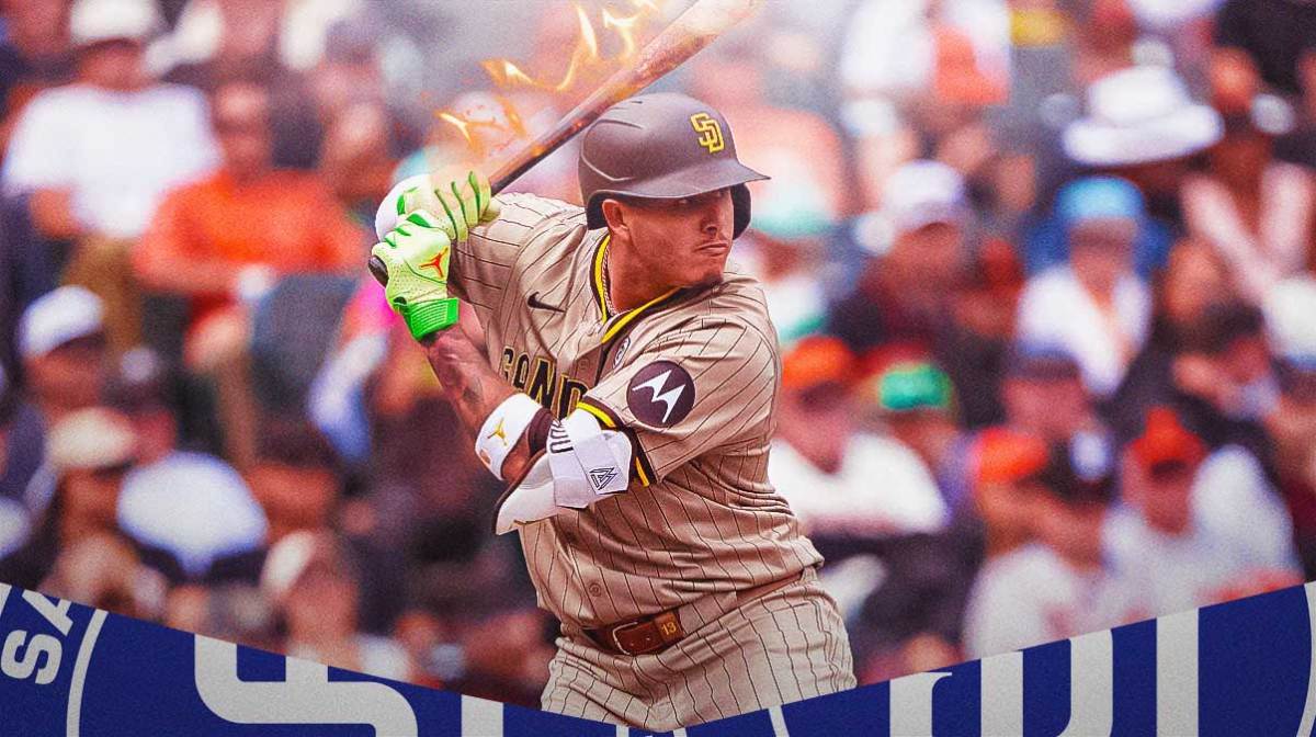 Padres star Manny Machado swinging a flaming bat