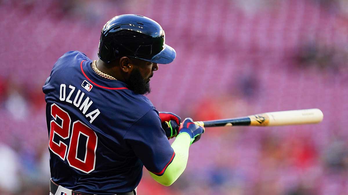 Atlanta Braves designated hitter Marcell Ozuna (20) hits the ball in the first inning of a MLB game between the Cincinnati Reds and Atlanta Braves, Wednesday, Sept. 18, 2024, at Great American Ball Park in downtown Cincinnati.