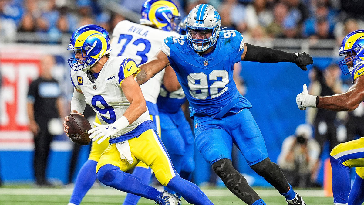 Detroit Lions defensive end Marcus Davenport (92) pressures Los Angeles Rams quarterback Matthew Stafford (9) during the first half at Ford Field in Detroit on Sunday, September 8, 2024.