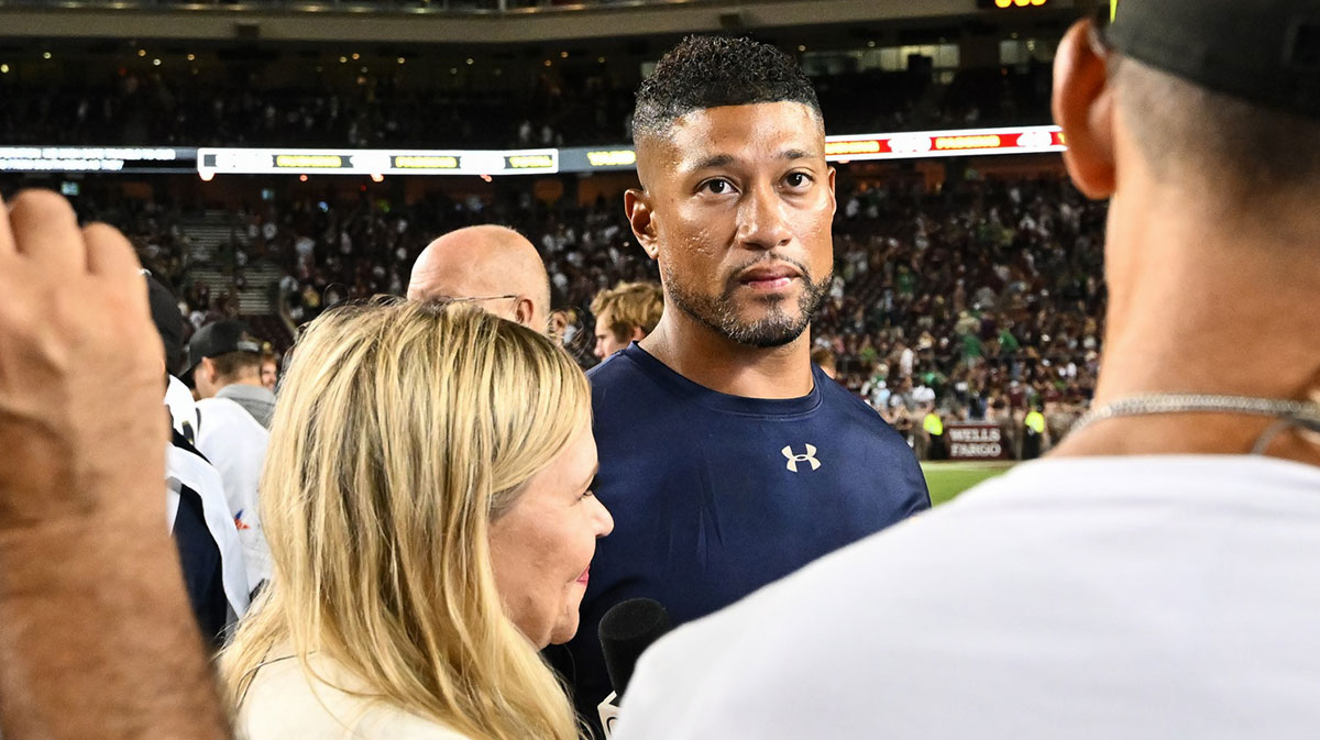 Aug 31, 2024; College Station, Texas, USA; Notre Dame Fighting Irish head coach Marcus Freeman speaks during an interview after the win over against the Texas A&M Aggies at Kyle Field. Mandatory Credit: Maria Lysaker-USA TODAY Sports