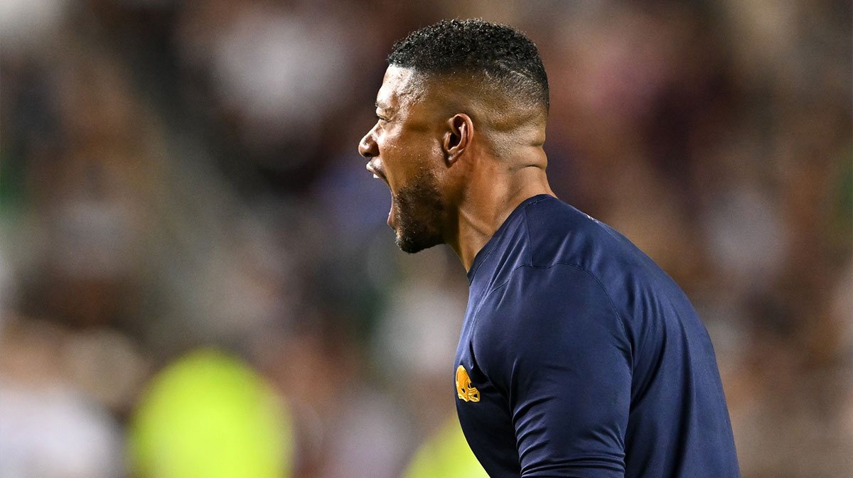 Notre Dame Fighting Irish head coach Marcus Freeman reacts in the fourth quarter against the Texas A&M Aggies at Kyle Field.