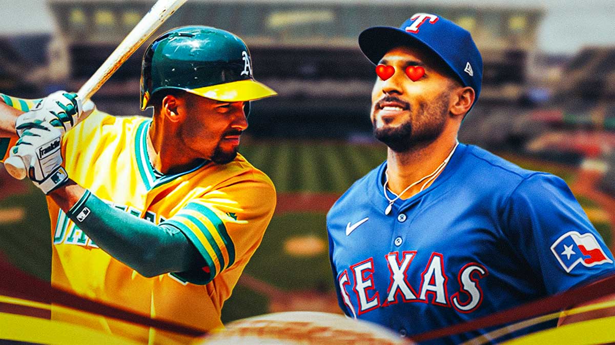 Rangers' Marcus Semien with hearts in his eyes looking at Athletics' Marcus Semien