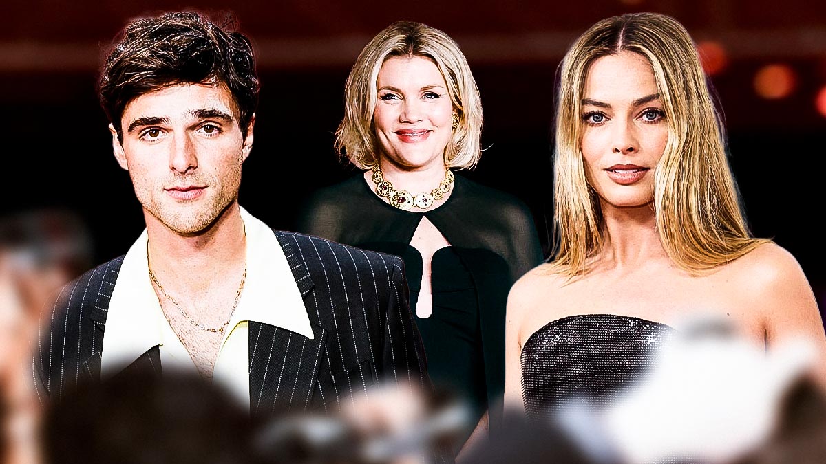 Saltburn director Emerald Fennell with Jacob Elordi and Margot Robbie, who will star in her adaptation of Wuthering Heights.